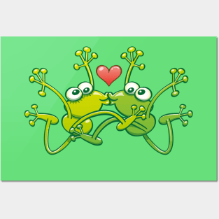 Funny green frogs falling in love while performing an acrobatic kiss Posters and Art